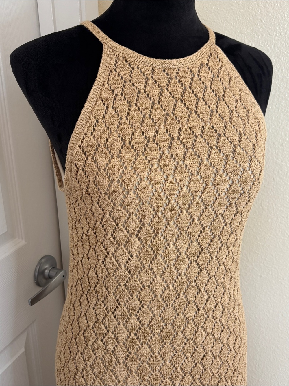 Boston Proper Tan Open Knit Halter Maxi Dress Cover Up Size S